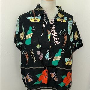 Nicole Miller vacation linen shirt top Jamaica fish Large L